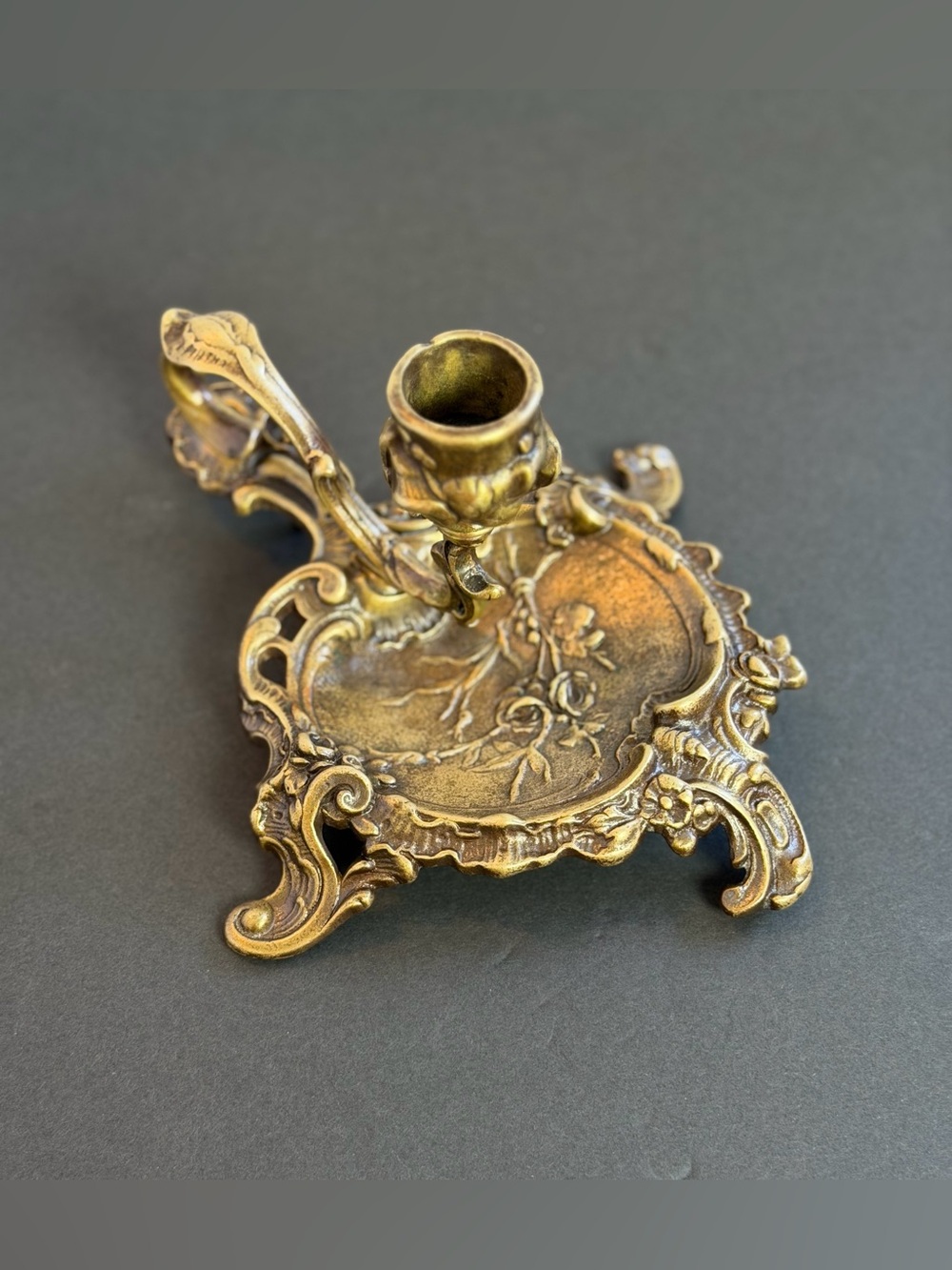 Antique French Brass Rococo Chamberstick Candle Holder Louis XV Ring Handle
